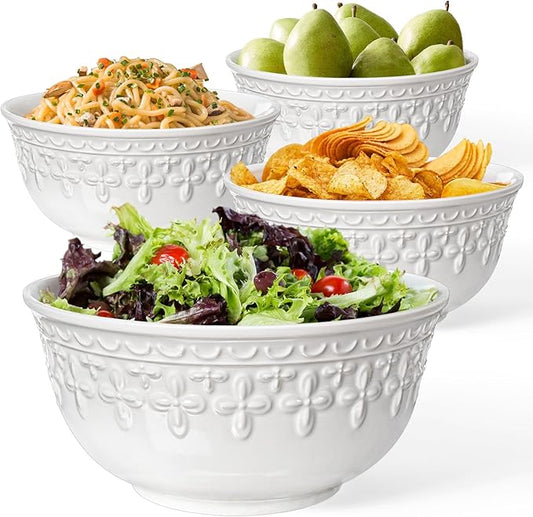 Large Salad Bowls Set of 4, 60oz White Serving Bowls Deep Deep Embossed Ceramic Mixing Bowl for Soup Kitchen, Eating, Ramen, Pasta, Dishwasher & Microwave Safe 8 inch (Cross Floral)
