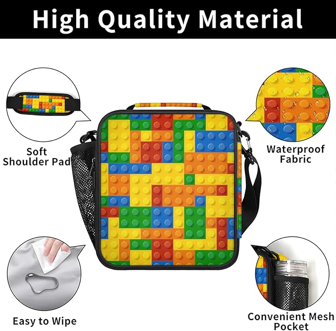 Lunch Bag Colorful Building Blocks Personalized Insulated Lunch Bag Reusable Lunch Box Picnic Travel Lunch Tote Bag Snack Bag