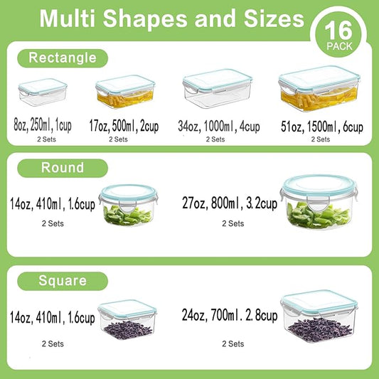 HOMBERKING 32 Pieces Food Storage Containers Set with Snap Lids (16 Lids + 16 Containers), Meal Prep Airtight Plastic Containers, BPA-Free Lunch Containers for Kitchen, Pantry, Home, Light Blue