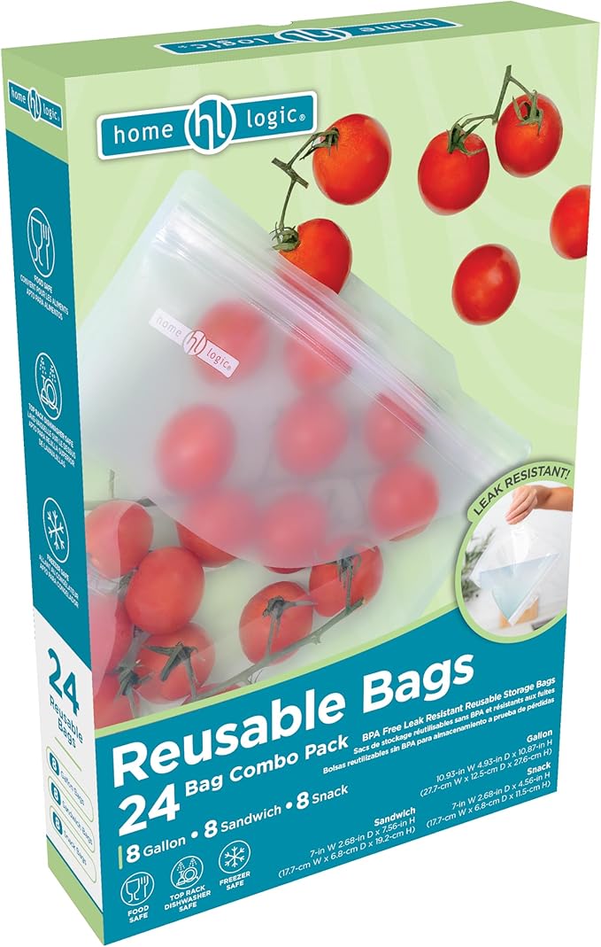 Home Logic Reusable Bag Combo Pack – 24 Leak Proof Food Storage Bags for Snacks & More – 8 Gallon Bags, 8 Sandwich Bags & 8 Snack Bags