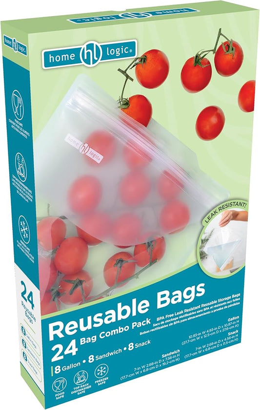 Home Logic Reusable Bag Combo Pack – 24 Leak Proof Food Storage Bags for Snacks & More – 8 Gallon Bags, 8 Sandwich Bags & 8 Snack Bags