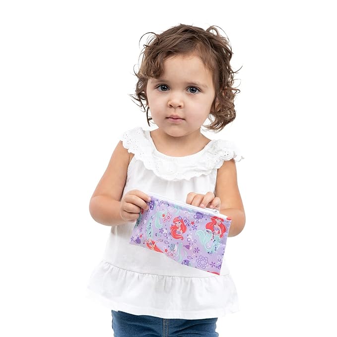Bumkins Disney Reusable Snack Bags, for Kids School Lunch and for Adults Portion, Washable Fabric, Waterproof Cloth Zip Bag, Supplies Travel Pouch, Food-Safe, 2-pk Princess
