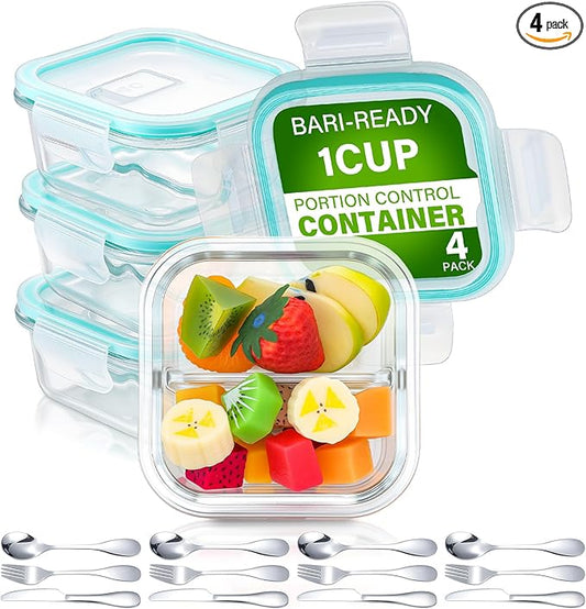 4 Pack Glass Portion Control Bariatric Containers with Lids and 4 Set Knives Forks Spoons Flatware Set Food Containers for Adults Diet Balanced Eating Weight Loss Serving Plan