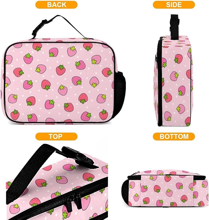 Strawberry Reusable Lunch Box Insulated Lunch Bag Cooler Bag Lunchbox Meal Food Container Tote Bag for Women Kids Girls School Camping Hiking Picnic Beach Travel