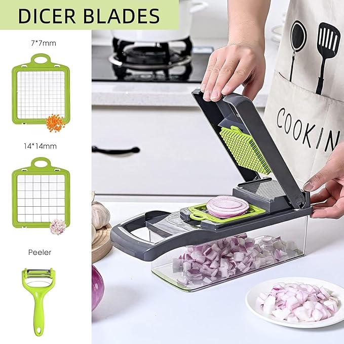Multifunctional Vegetable Chopper - 16 in 1 Food Chopper With 8 Blades, Slicer, Dicer, Cutter for Onions, Carrots and More - Container Included (Grey)