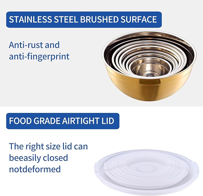 Gold Mixing Bowls With Airtight Lids,Stainless Steel Bowl,Salad Bowls 7 Piece Colorful Nesting Bowl Rainbow Kitchen Accessories,Size 7,3.6,2.7,2.1,1.5,1.1,0.8QT Stackable Design