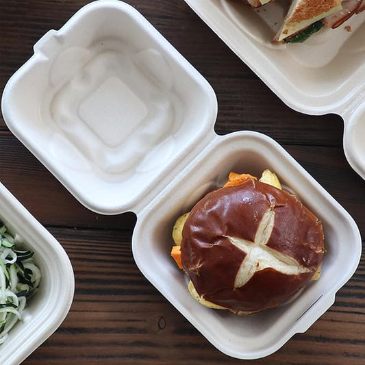World Centric Compostable Fiber Burger Box 6x6x3 - Plant Fiber with no Added PFAS - 100 Pack