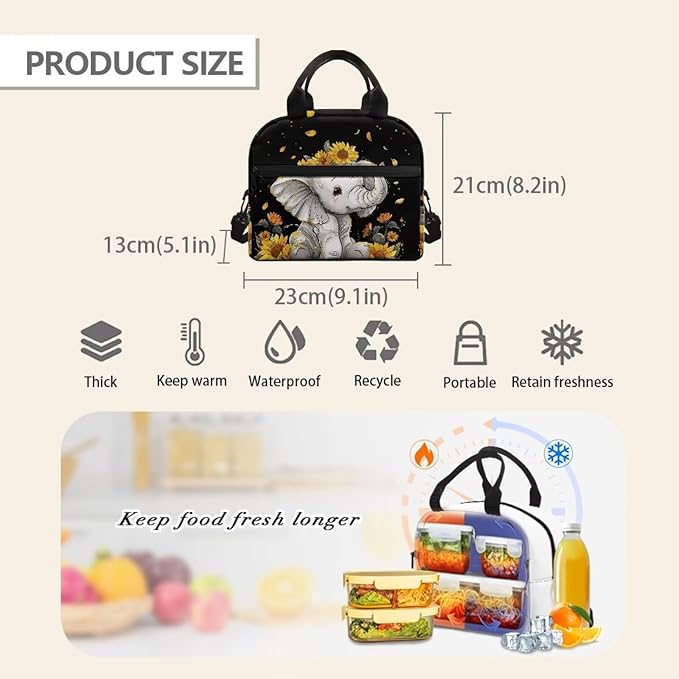 Showudesigns Sunflower Elephant Lunch Box for Girls Kids Insulated Lunch Bag Reusable Shopping Bag Keep Food Cold and Warm Crossbody Tote Bags Cute Lunchbox Travel Picnic Organizers
