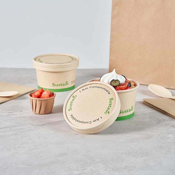 LIDS ONLY: Sustain Round Paper Soup Container Lids, 200 Disposable Ice Cream Cup Lids - Cups Sold Separately, For 5 Ounce Cups, Bamboo To Go Cup Lids, With PLA lining, Compostable - Restaurantware