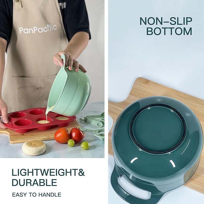 Plasic Mixing Bowls set with Baking supplies, Green Nesting Bowls with pour spout/handle, Non-Slip Base, Measuring Spoons set, Egg Whisk, Spatula & Brush, Great for Mixing, Baking, 11 Pcs