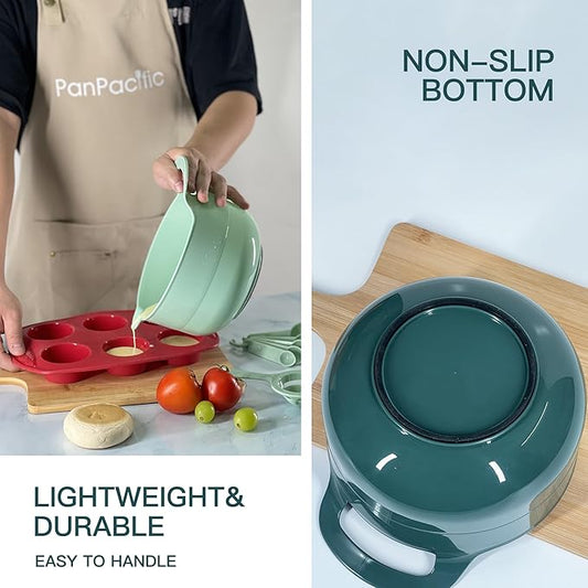 Plasic Mixing Bowls set with Baking supplies, Green Nesting Bowls with pour spout/handle, Non-Slip Base, Measuring Spoons set, Egg Whisk, Spatula & Brush, Great for Mixing, Baking, 11 Pcs