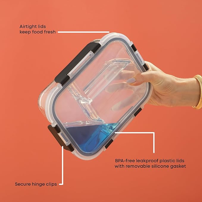 JoyJolt Divided 3 Compartment Glass Meal Prep Bento Box Set. 5 Pack Airtight Food Storage Containers with Lids for Portion Control and Weight Loss