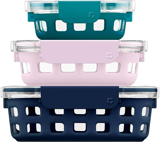 Ello Duraglass Mixed Meal Prep Sets Leak-Proof Glass Food Storage Containers with Silicone Sleeves and Airtight BPA-Free Lids, Dishwasher, Microwave, and Freezer Safe