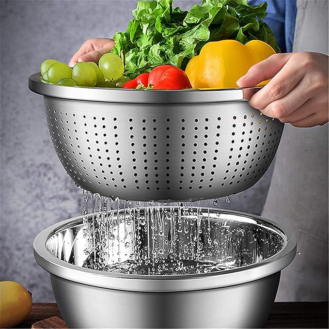 meleg otthon Stainless Steel Mixing Bowls, 8.5QT Salad Bowl, Metal Bowls With water filter basin, Stainless Steel Basin, Heavy Duty Deeper Edge Mirror Finish Dishwasher Safe Bowl (XXL)…
