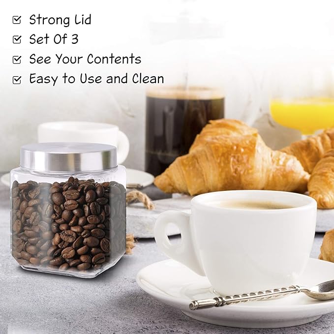 Food Storage Containers – Set of 3 Glass Jars with Stainless Steel Lids – Square Glass Containers for Coffee, Spices, Beans and Food – Reinforced Lid for Secure Closure – 40oz