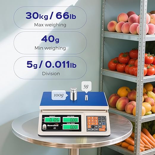 Bonvoisin Produce Scale 66lb/30kg Commercial Food Scale with Dual LCD Display Digital Price Computing Scale with Change Function for Butchering, Farmers Market, Retail Outlets, Meat Shop, Deli