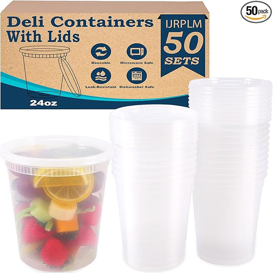 50 Pack Deli Containers with Lids,24oz Plastic Deli Food Storage Containers, Leakproof Clear Takeout Container With Airtight Lids, BPA-Free, Microwave Dishwasher Freezer Safe,Heavy-Duty Quality