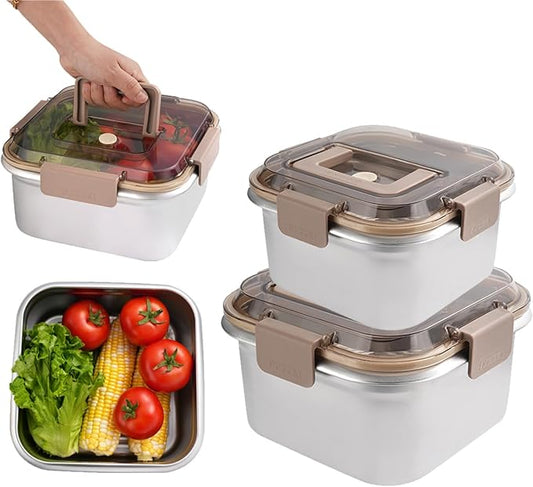 Food Storage Containers Outdoor 304 Stainless Steel Crisper Box Refrigerator Freezer Storage Box Fruit Seal Box Microwave Oven Heat-resistant (2200+3800ML)