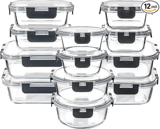 YANGNAY Glass Food Storage Containers Set of 12, Glass Meal Prep Containers with Airtight Lids, Dishwasher Safe, 6 Sizes