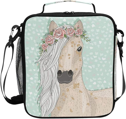 Pfrewn Cute Horse Lunch Box Unicorn Animals Flowers Fairytale Insulated Lunch Bag Reusable Cooler Meal Prep Bags Lunch Tote with Shoulder Strap for Office Adults School Kids Girls Teens