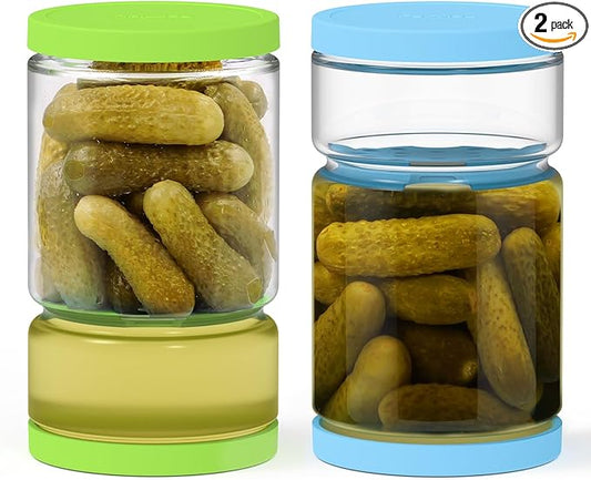 Glass Pickle Jar with Strainer for Pickle Lover - 45 Oz Leakproof and Airtight Juice Separator for Olive, Gherkin, Chilli, BPA Free, Dishwasher and Refrigerator Safe (Green&Blue, 45oz*2pcs)