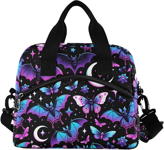 MNSRUU Insulated Lunch Bag Neon Purple and Bats Stars and Moons Women Men Fabric Dinner Tote Cooler Bag Reusable Leakproof Lunch Box with Adjustable Shoulder Handles Strap For Work School