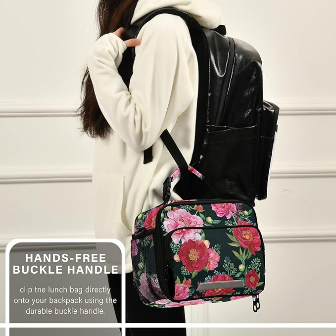 Pink Peonies Kids Lunch Bag Flowers Insulated Lunch Bags Reusable Lunch Box Lunch Tote Bag for School Office Work Picnic