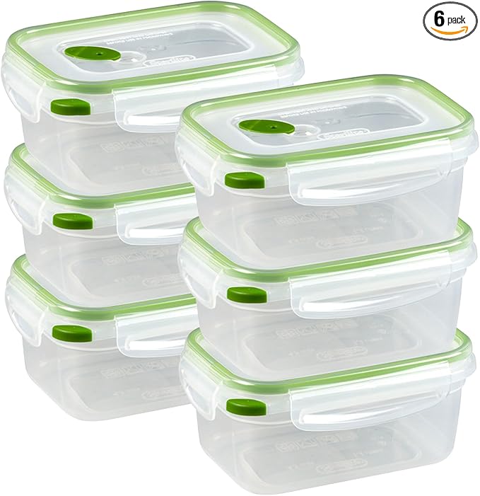 Sterilite Ultra-Seal 4.5 Cup Rectangle, Airtight Food Storage Container, Latching Lid, Microwave and Dishwasher Safe, Clear With Green Gasket, 6-Pack