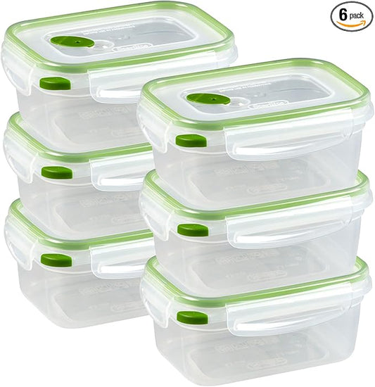 Sterilite Ultra-Seal 4.5 Cup Rectangle, Airtight Food Storage Container, Latching Lid, Microwave and Dishwasher Safe, Clear With Green Gasket, 6-Pack