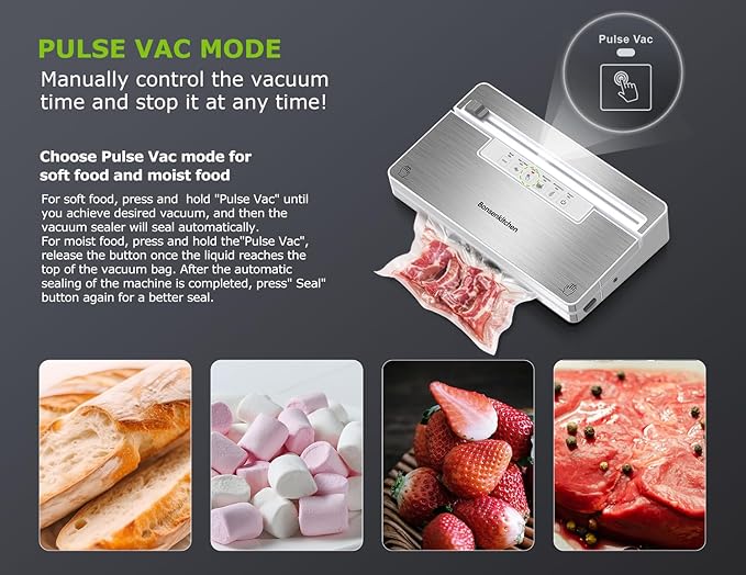 Bonsenkitchen Vacuum Sealer Machine, Stainless Steel Food Sealer Vacuum Sealers with 30 Bags & 1 Roll, 5 Food Vacuum Modes, Built-in Cutter & Bag Storage, Climate Pledge Friendly (White Silver)