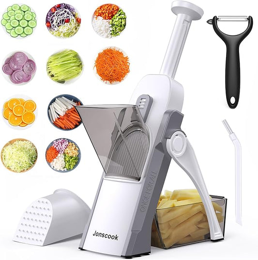 Safe Mandoline Slicer for Kitchen, Adjustable Thickness 0.1-8 mm, 5 in 1 Multi Vegetable Chopper, Potato Slicer, Food Chopper French Fry Cutte, with Paring Knife/Cleaning Brush, Mandolin (LightGrey)
