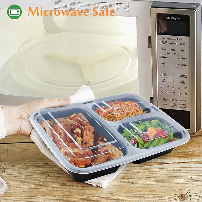 Enther Meal Prep Containers [20 Pack] 36oz 3 Compartment with Lids, Food Storage Bento Box with Souffle Cups BPA Free/Reusable/Stackable, Microwave/Freezer/Dishwasher Safe, Portion Control Black