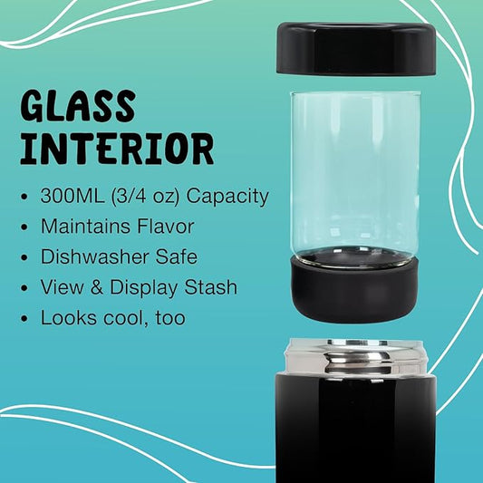 Airtight Storage Container - Vacuum Sealed Insulated w Nested Glass Jar - UV Protection, Temperature Controlled Stainless - Whiteboard Finish w Marker Included - 300 ml (3/4 Oz)