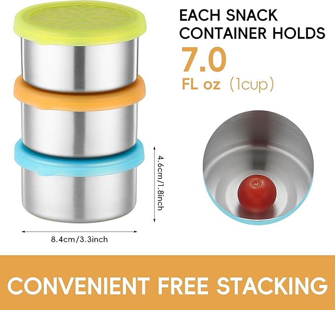 Stainless Steel Snack Containers for Kids Salad Dressing Container To Go Small Snack Box with Silicone Lids Easy Open LeakProof Reusable Metal Toddler Lunch Box for School
