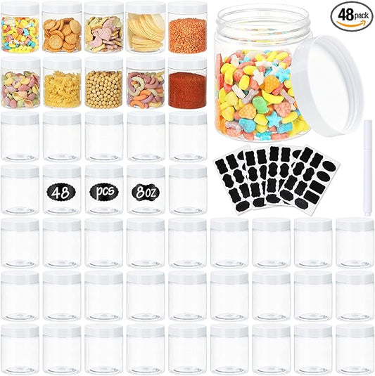 Jars with Lids, 48pcs 8 oz Plastic Containers with Lids Pen Labels Leak Proof BPA Free Airtight Refillable Clear Small Containers Storage Jars for Storing Dry Food Makeup Slime Honey Jam (8oz White