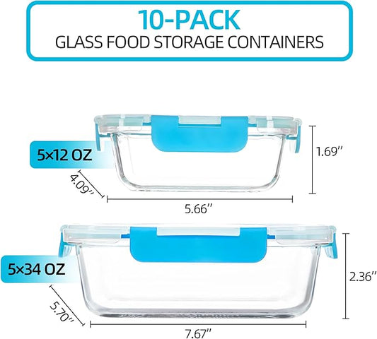 10 Pack Glass Food Storage Containers with Airtight Lids, Ideal for Meal Prep, Lunches - Microwave and Dishwasher Safe, Blue