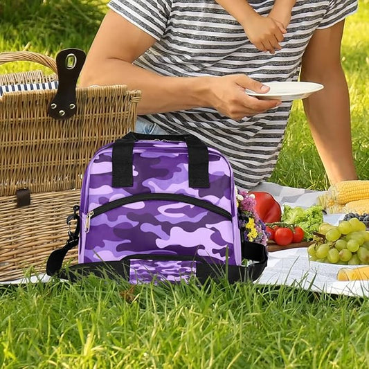 Purple Camouflage Insulated Lunch Bag for Women Men Reusable Lunch Box Cooler Bag Large Leakproof Lunch Tote with Adjustable Shoulder Strap for Adult Work Picnic Camping Beach Office