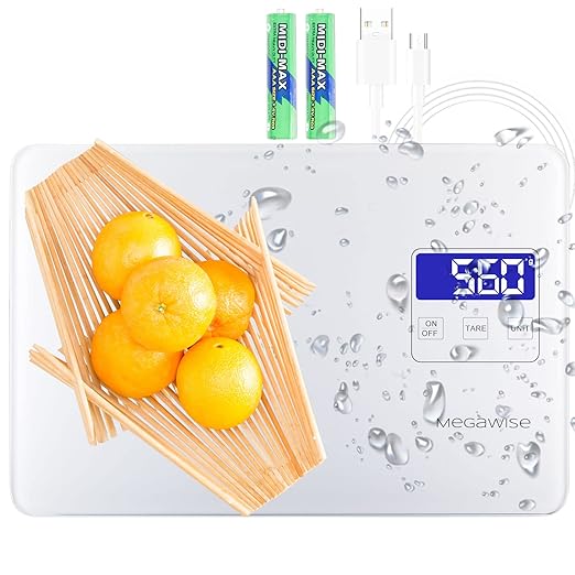 MEGAWISE Digital Kitchen Scale，33lb/15kg Food Scale with LCD Display,5 Units with Tare Function, Weight Grams and Oz for Cooking Baking,1g/0.04oz Precise Graduation，Waterproof Tempered Glass