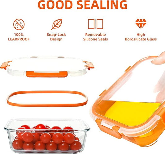 10 Pack Glass Meal Prep Containers Set, Food Storage Containers with Airtight Lids, Glass Lunch Bento Boxes,Dishwasher Safe,orange