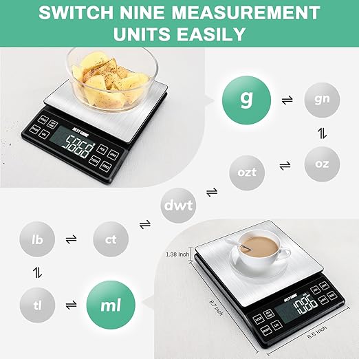 NEXT-SHINE Kitchen Food Scale - 11lb/5kg, Rechargeable Digital Grams and Ounces for Cooking, Baking, Meal Prep, 0.1g/0.01oz Precise Graduation, 304 Stainless Steel Platform LCD Display