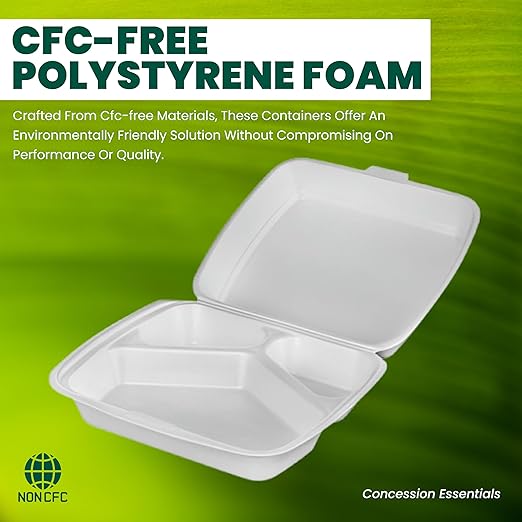 Concession Essentials Pack of 30CT Large 9 x 9 x 3.5 Inch Foam 3-Compartment Containers, White, Hinged, with Optional Venting, Polystyrene, 9"L x 9"W x 3.5"H