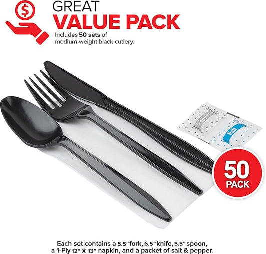 Individually Wrapped Plastic Cutlery Set with Napkin + Salt & Pepper Packets in Black (50 Count) Prewrapped Disposable Silverware Bags, Bulk Utensils: Fork, Knife, and Spoon for Togo Eating