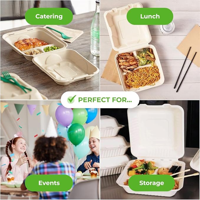 100 Pack Bagasse Clamshell Take Out Containers 9x9 | 3 Section | Heavy Duty To Go Clamshell Food Containers | Planet-Friendly and Compostable Bagasse Take Out Containers for Hot & Cold Food