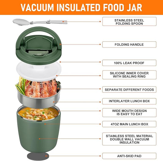 40oz Insulated Lunch Containers for Adults Soup Thermo for Hot Food Jar Wide Mouth Leak Proof Vacuum Stainless Steel Thermal Bento Box with Buckle Lid and Spoon