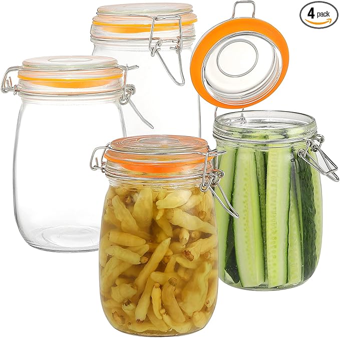 Wide Mouth Mason Jars, 4Pcs 32 oz Glass Jars with Airtight Lid Large Mason Canning Jars Clear Storage Canister Jars with Measurement Marks for Canning Flour Jam Jelly Coffee Sugar Beans