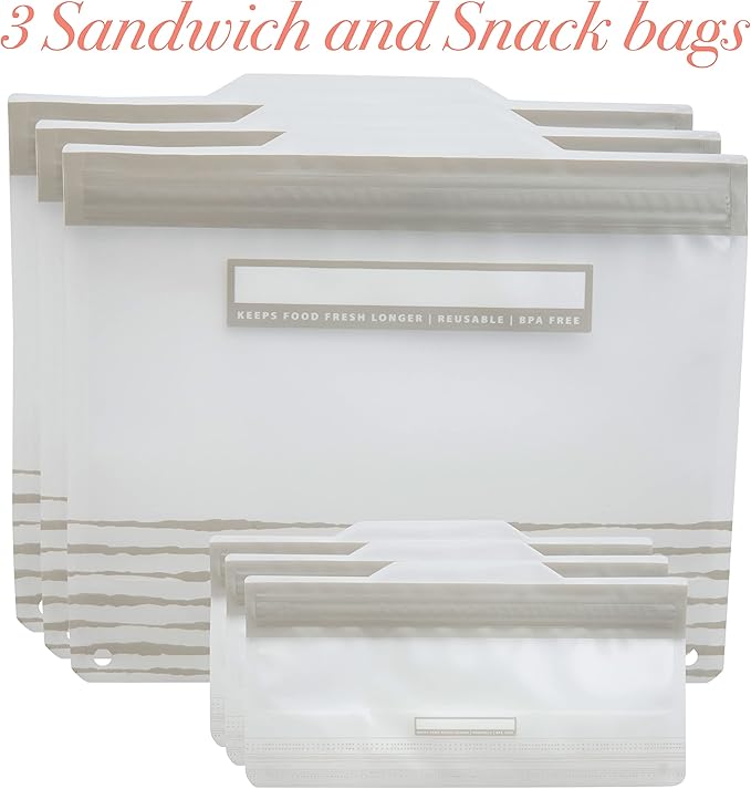 Kitchen Details 6 Piece Set Reusable Bags | 3 Sandwich and 3 Snack Sized | Airtight Zipper Seal | Leak Proof | BPA Free | Food Safe Material | Food Storage | Freezer Safe | Grey