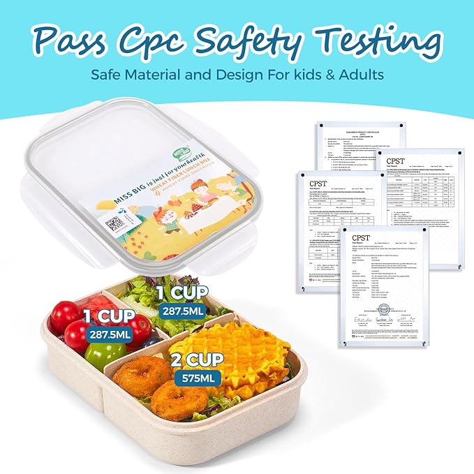 MISS BIG Bento Box for Kids,Ideal Leak Proof,Mom’s Choice Kids Lunch Box, No BPAs and No Chemical Dyes,Microwave and Dishwasher Safe Lunch Containers(White)