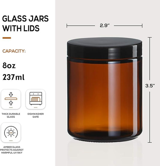 12 Pack, 8 OZ Thick Glass Jars with Lids, Dark Amber Candle Jars with 12 Metal & 12 Plastic Lids - Empty Round Food Storage Containers, Canning Jar For Spice, Powder, Liquid, Sample - Dishwasher Safe