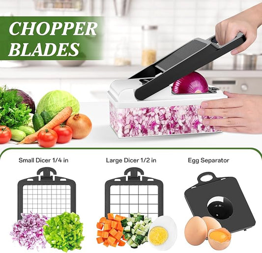 HomeHacks Vegetable Chopper Vegetable Cutter, 12 in 1 Kitchen Gadget, Dicer, Slicer, Onion Cutter, Salad, Cheese Grater & Egg Separator - Multi-Functional Veggie Chopper Lid with Handle (White)
