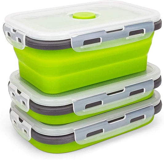 CARTINTS Set of 3 Collapsible Food Storage Containers with Lids, Collapsible Silicone Bowls, Silicone Lunch Containers, For Meal Prep, Camping, Travel, Microwave and Freezer Safe,500ml,Green